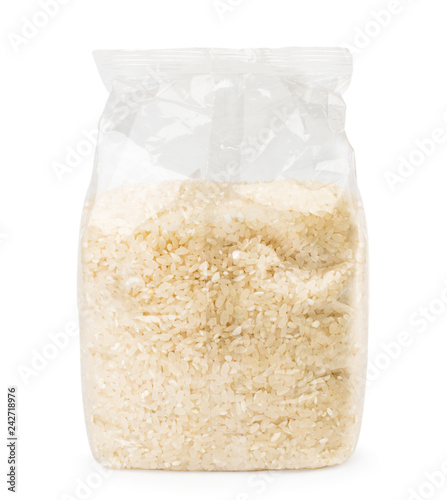 Rice in a pack close-up on a white. Isolated.