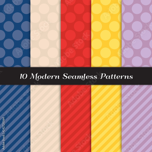 Tone on Tone Vector Patterns in Navy Blue, Rose Beige, Red, Yellow and Purple Jumbo Polka Dots and Diagonal Stripes. Embossed Brocade Fabric Effect. Repeating Pattern Tile Swatches Included.