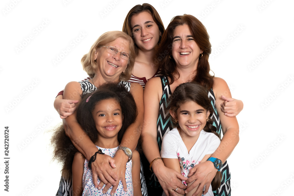 Multiracial family hugging, Grandmother, mom and her three mixed race daughters Multiracial family hugging, Grandmother, mom and her three mixed race daughters