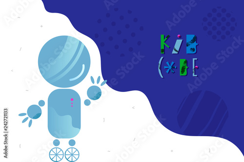 Abstract background with charming robot and lettering for children coding design concept in flat style