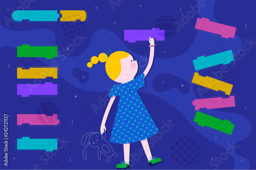Cute smart girl is coding on abstract screen. Children coding and code training design concept in flat style