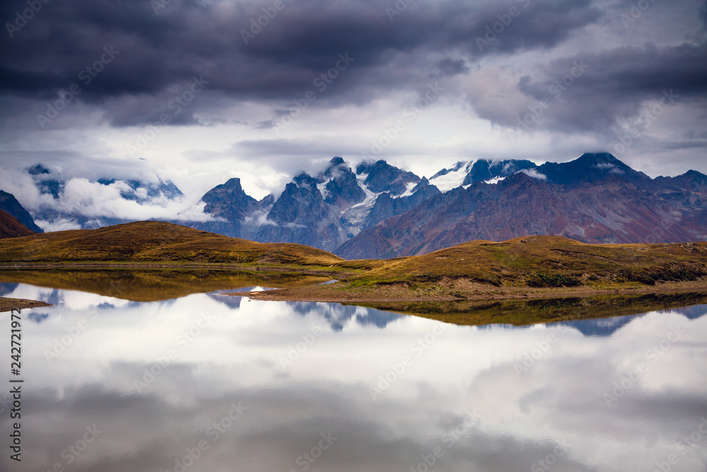 Exotic lake Koruldi at the foot of Mt. Ushba. Location Svaneti, High Caucasus ridge.