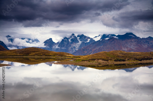 Exotic lake Koruldi at the foot of Mt. Ushba. Location Svaneti, High Caucasus ridge.