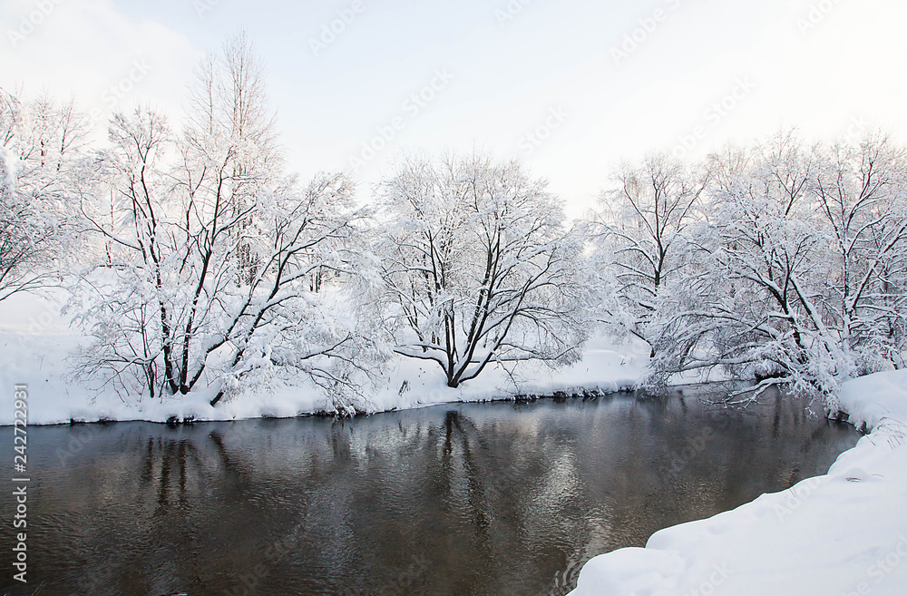 river and trees under snow on winter day river and trees under snow on winter day