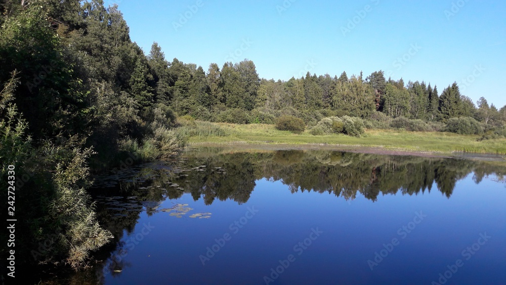 Smooth river surface with reflection
