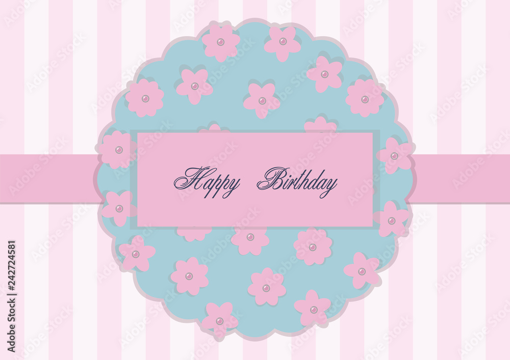 Greeting card on a pink flat background with a ribbon in the middle and a floral element with pearl centers, vector scrapbooking composition. Greeting card on a pink flat background with a ribbon in the middle and a floral element with pearl centers, vector scrapbooking composition.
