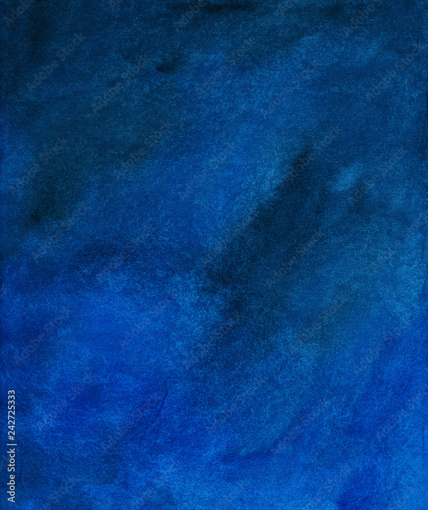 Dark background. Watercolor abstract blue black backdrop. Texture