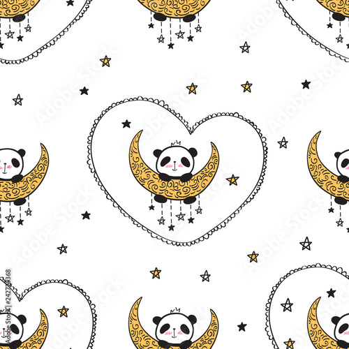 Fototapeta Naklejka Na Ścianę i Meble -  Seamless pattern with cute pandas on the gold moons and hearts for gift wrap, kids textile or book covers, wallpapers and scrapbook. Vector.