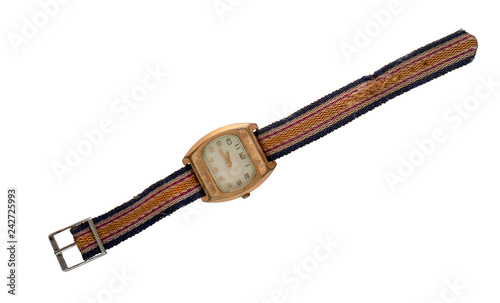 Closed up image of a broken wrist watch over a white background