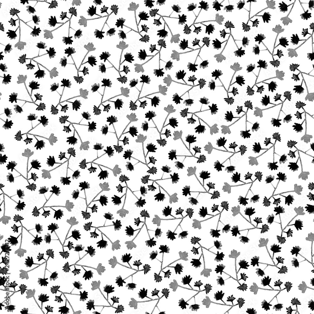 Seamless pattern. Small flowers. Hand painted grunge watercolor black and white abstract pattern. Doodle effect for design overlays.