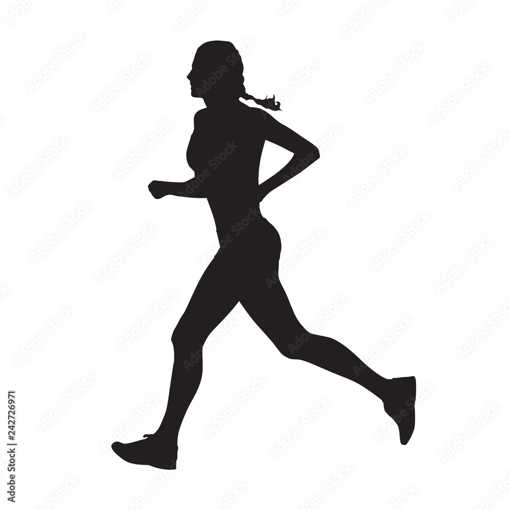 Running woman, isolated vector silhouette, side view