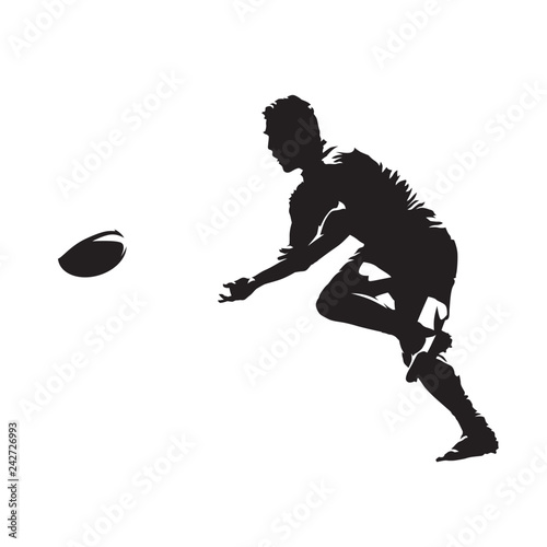 Rugby player passing ball, isolated vector silhouette, side view. Team sport