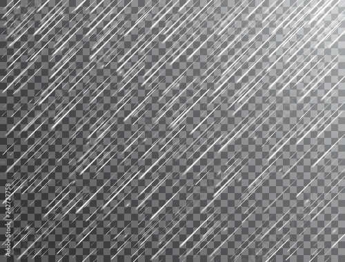 Realistic rain on transparent background. Falling water drops. Rainfall texture. Rainy cloudy backdrop. Rain storm. Vector illustration