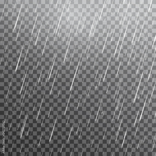 Realistic rain on transparent background. Rainfall texture. Falling water drops. Rain storm. Rainy cloudy backdrop. Vector illustration