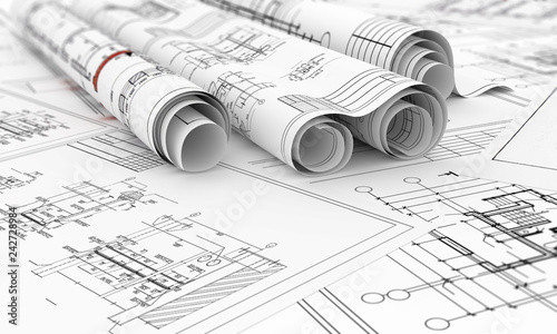 construction blueprints in rolls 3d illustration