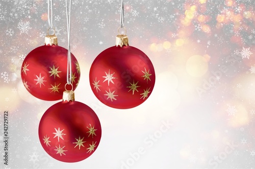 Red shiny christmas decorative balls isolated on festive