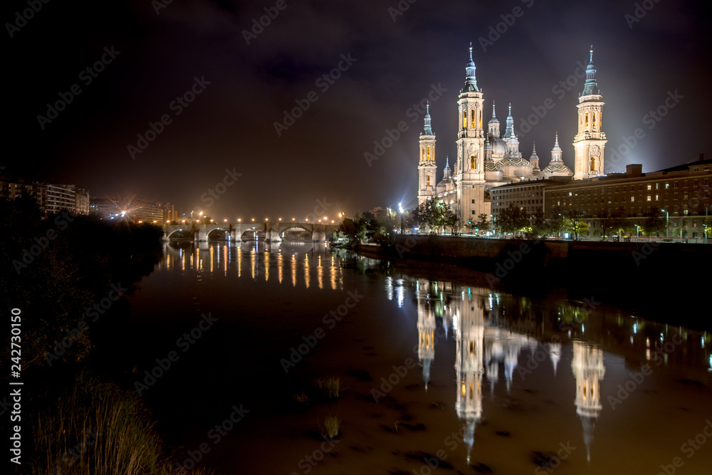 The Basilica of Our Lady of the Pillar, viewed from across the Ebro. Zaragoza. Spain