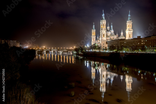 The Basilica of Our Lady of the Pillar, viewed from across the Ebro. Zaragoza. Spain