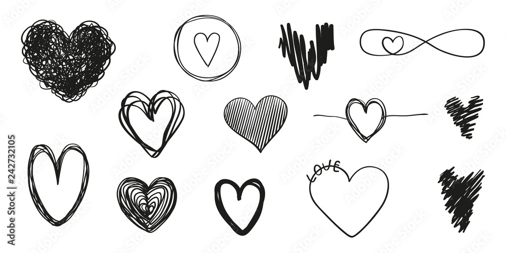Hand drawn grunge hearts on isolated white background. Set of love signs. Unique image for design. Black and white illustration. Elements for design