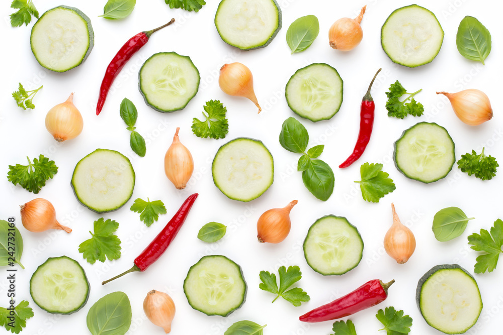 Vegetable and spices isolated on white background, top view. Wallpaper abstract composition of vegetables. Vegetable and spices isolated on white background, top view. Wallpaper abstract composition of vegetables.