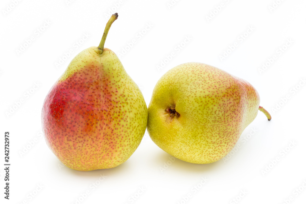 Fresh bio pear with leaves on isolated white background.