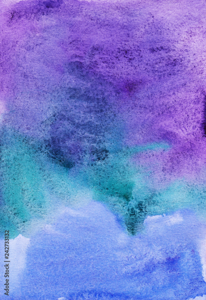 Watercolor colorful background art. Aquarelle blue, violet, green stains texture on paper. Bright watercolour backdrop. Vintage abstract wallpaper. Wash drawing soft backdrop. Fantasy  background. 