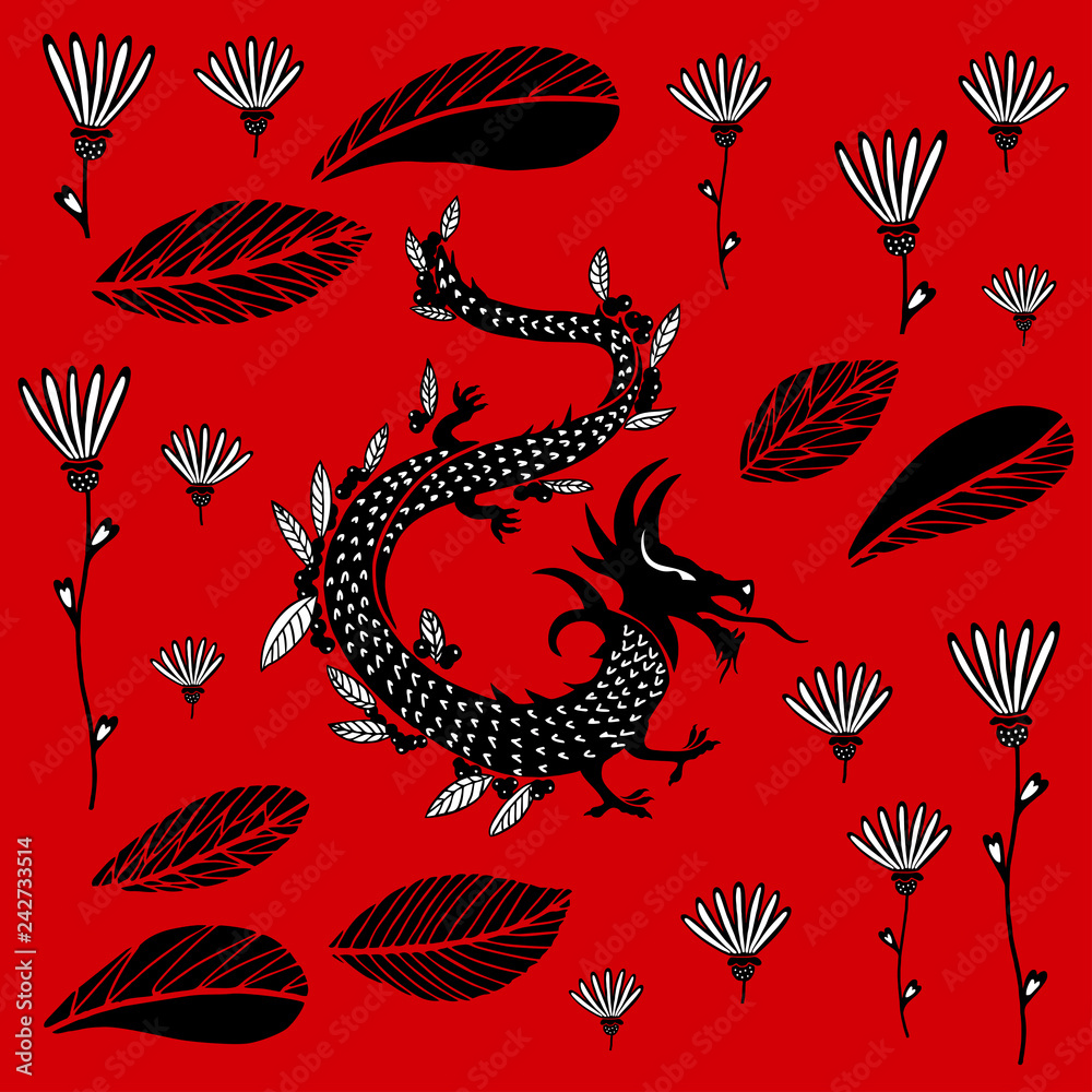Black Dragon on a red background around flowers and leaves Black Dragon on a red background around flowers and leaves