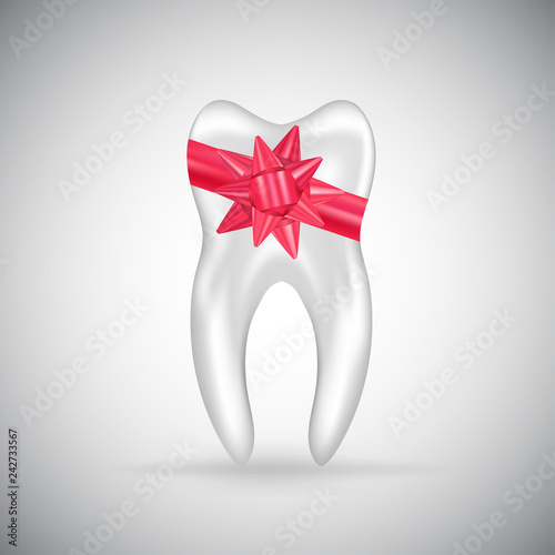 Dentist offer for Christmas holidays, tooth whitening or caries healing. Poster decor with realistic tooth and red ribbon on it, symbolic present. Cute and funny advertising idea.
