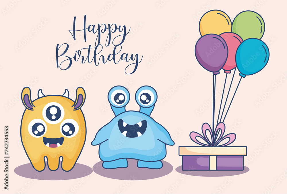 Fototapeta premium monsters with balloons helium and gift birthday card