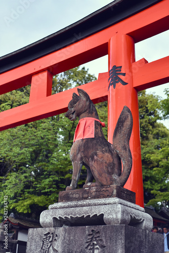 Torii Gate and Fox Statue at Fushimi Inari Taisha photo
