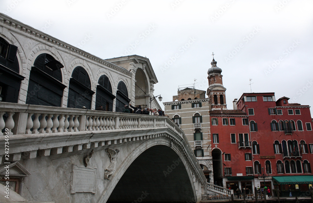 Rialto Bridge. Venice, view of the the Grand canal. February 2018. Venetian architecture.
