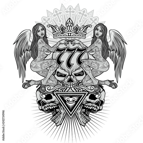 Gothic sign with skull and 
sexy tattooed girls, grunge vintage design t shirts
