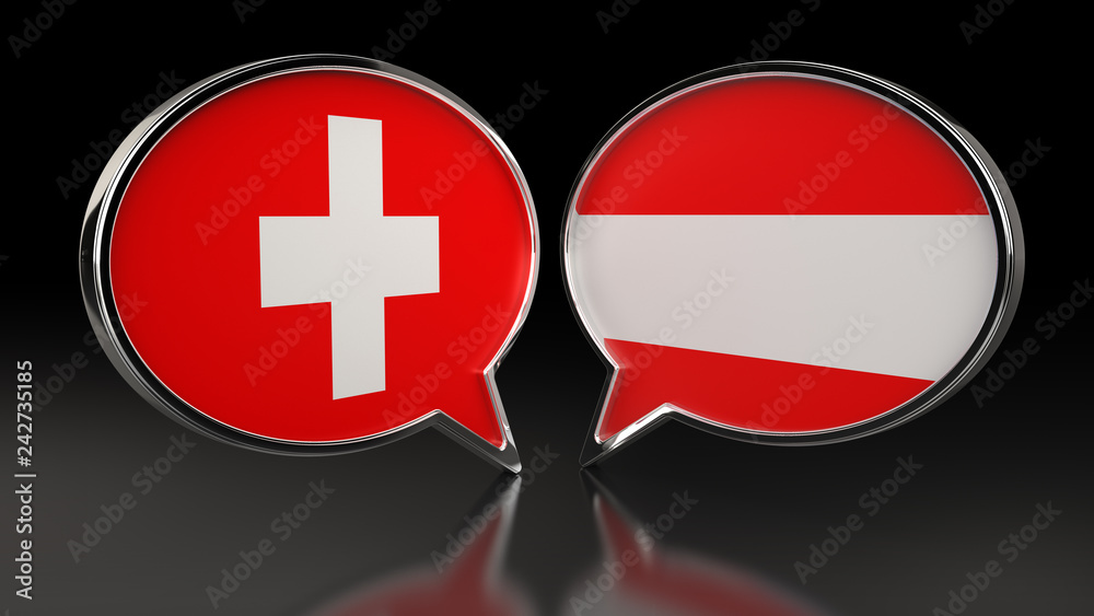 Switzerland and Austria flags with Speech Bubbles. 3D illustration Switzerland and Austria flags with Speech Bubbles. 3D illustration