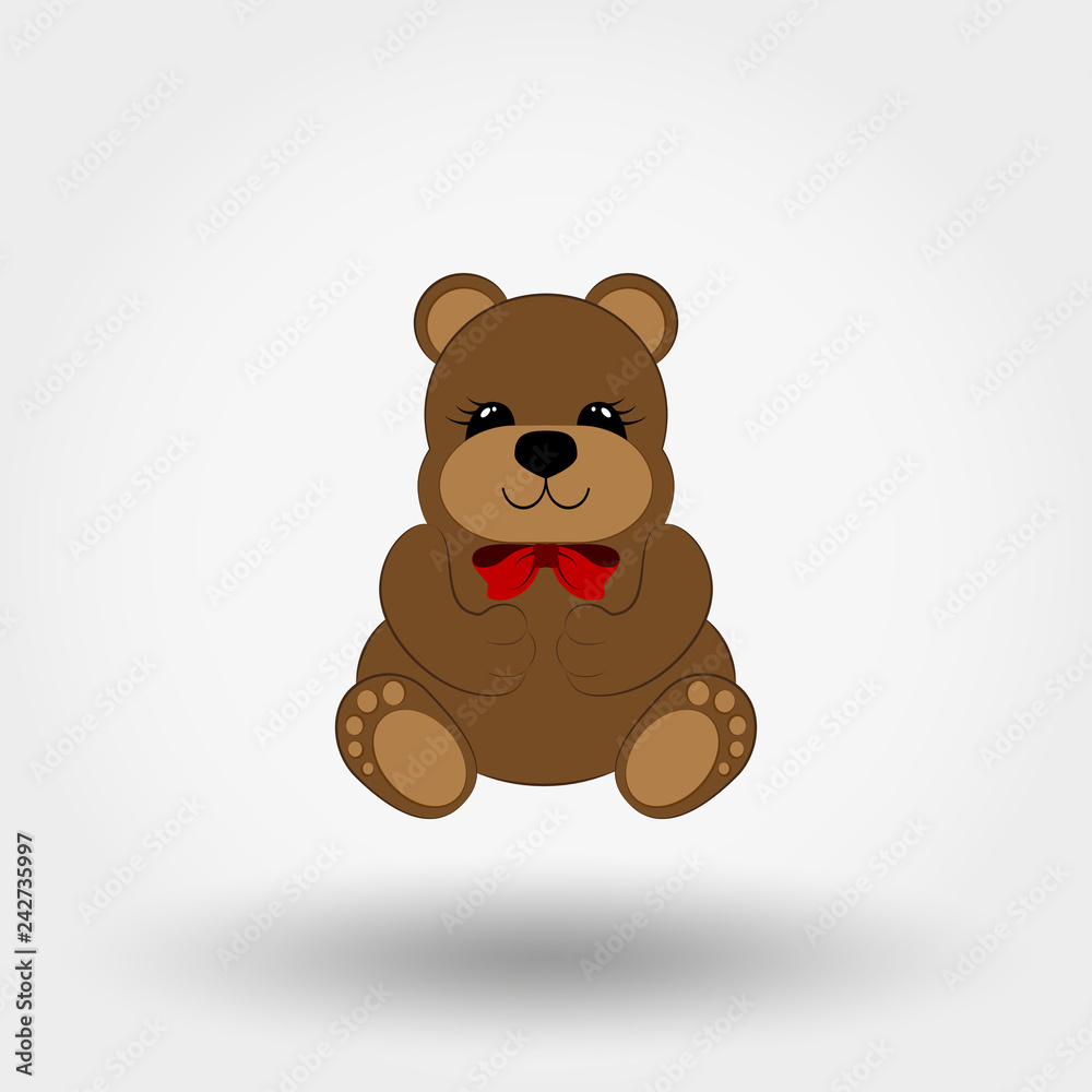 Obraz premium Teddy bear baby with red bow. Icon. Vector. Flat.