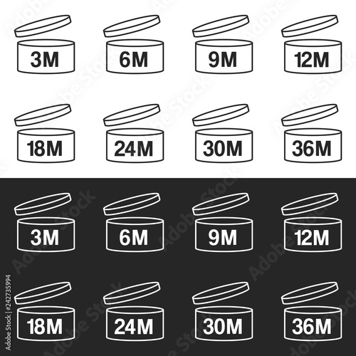 Vector illustration of 8 period after opening symbols in 2 colors. Expiration date signs: 3m, 6m, 9m, 12m, 18m, 24m, 30m, 36m. Fully editable set of PAO icons for packaging design and other projects.