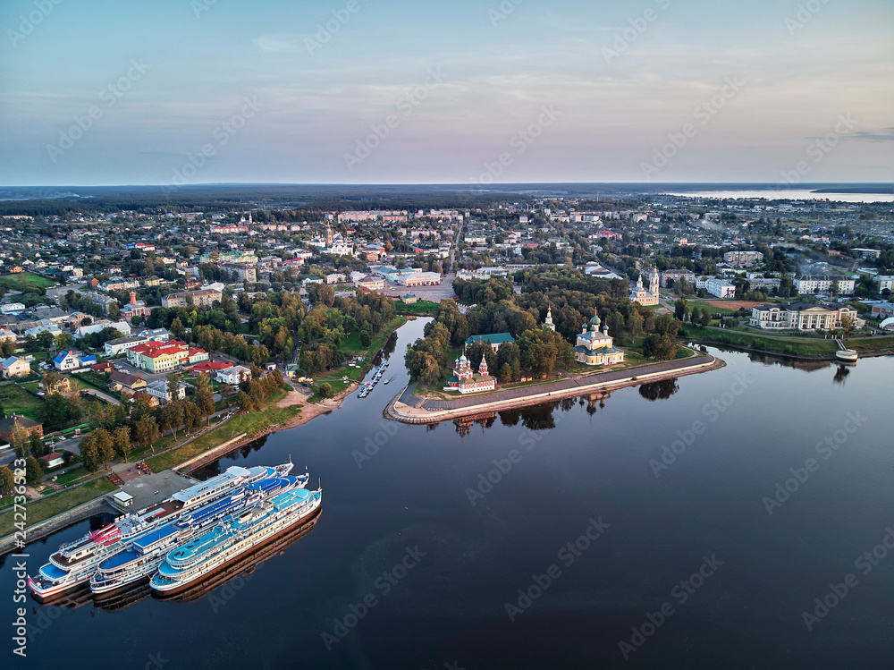 Fototapeta premium Uglich, Russia: ships on a pier in Uglich, Russia, drone aerial view