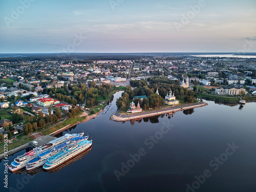 Uglich, Russia: ships on a pier in Uglich, Russia, drone aerial view