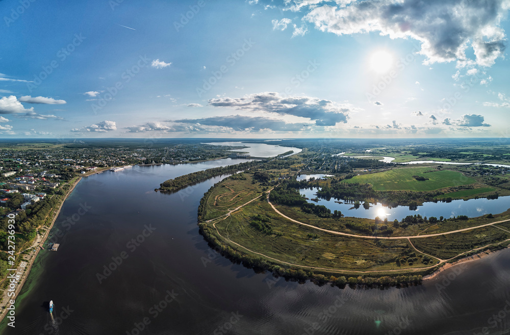 Uglich, Russia: ships on a pier in Uglich, Russia, drone aerial view panorama