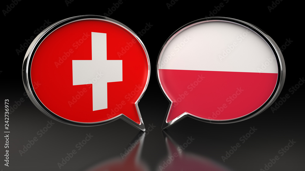 Switzerland and Poland flags with Speech Bubbles. 3D illustration Switzerland and Poland flags with Speech Bubbles. 3D illustration