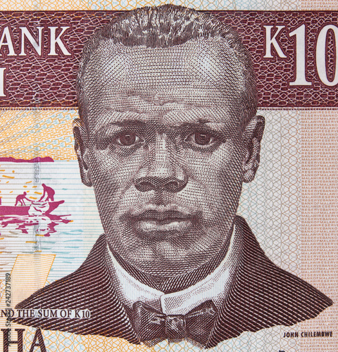 John Chilembwe portrait on Malawi 10 kwacha banknote close up macro. Hero of Malawian independence..