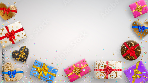 Background with colorful gift boxes with ribbons, bows and various patterns