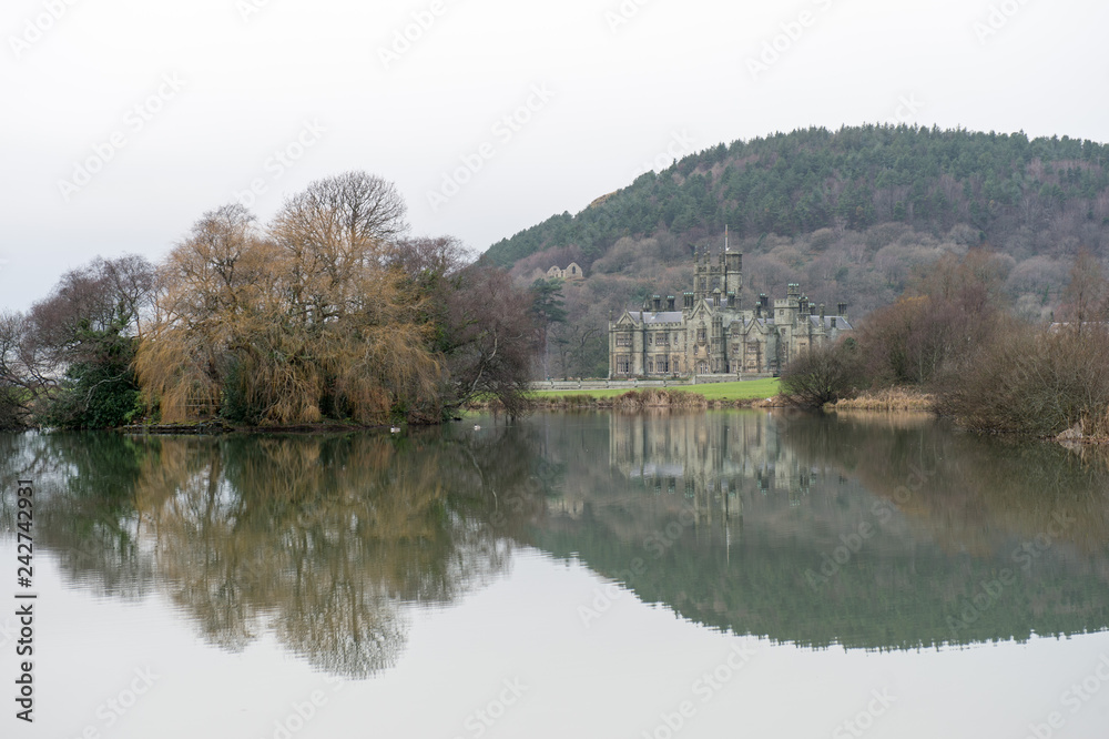 landscape with lake and trees, Margam park, the enormous house landscape with lake and trees, Margam park, the enormous house