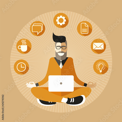 The bearded and bespectacled Hipster young man in a yellow-orange suit with a laptop meditating in Sukhasana Easy Pose finds balance in the Big Data ocean