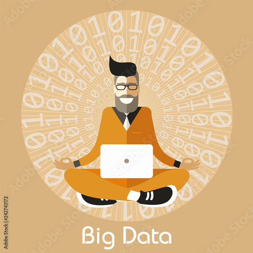 Hipster Scientist Analyst meditating in Sukhasana Easy Pose finds balance in the Big Data ocean