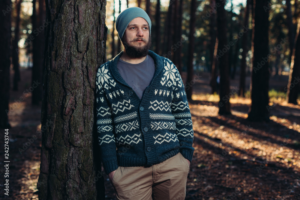Outdoor portrait of handsome bearded man . Casual autumn fashion portrait Outdoor portrait of handsome bearded man . Casual autumn fashion portrait