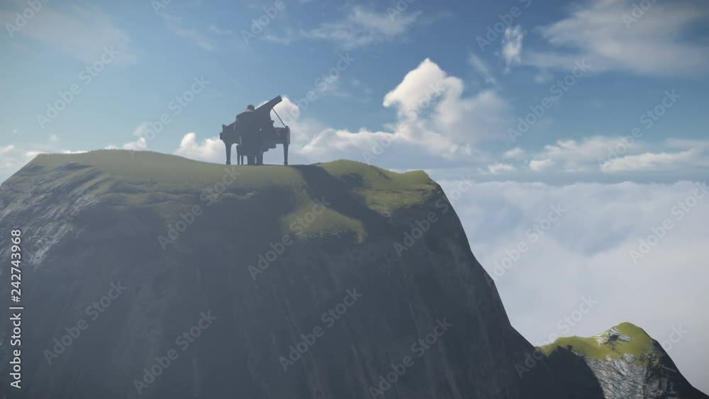 Afro american piano player performing on top of a mountain above clouds, drone flight 4K