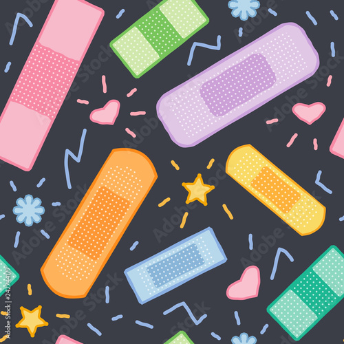 Seamless pattern with colorful medical plasters on dark background, nice band aid ornament, funny wallpaper, vector