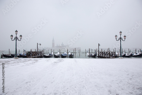 Snowing in Venice, St. Mark square, Venice, Italy, march 2018