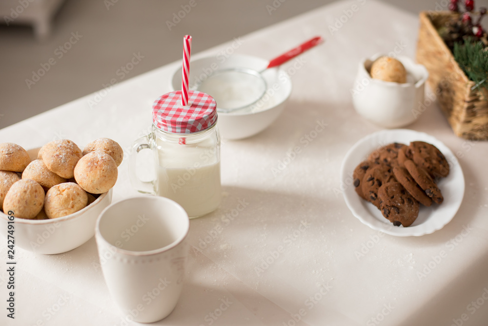 new year mood. glass of milk. cookie. Christmas gingerbread. gingerbread with milk new year mood. glass of milk. cookie. Christmas gingerbread. gingerbread with milk