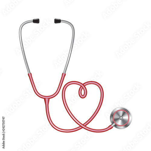 Red color stethoscopes icon, medical equipment for doctor, heart shape, vector illustration isolated on shite background